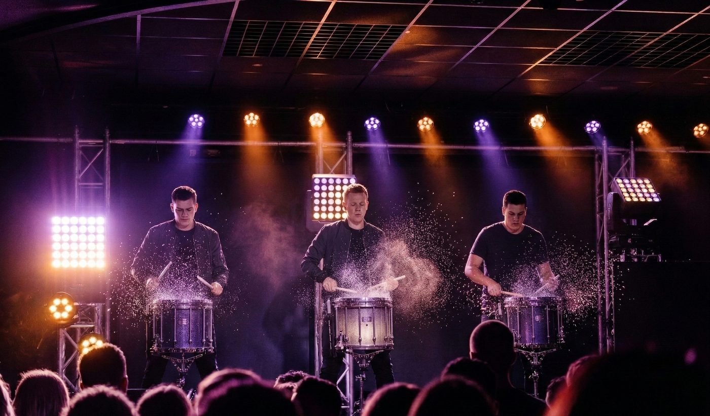 Meervoudige AquaDrums-bezetting op een groot podium